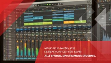 Blick auf Kanalzuege mit Fadern und Pegelanzeigen sowie Frequenzanalyse an zwei Bildschirmen, Online Mixing und Mastering im Tonstudio Leipzig