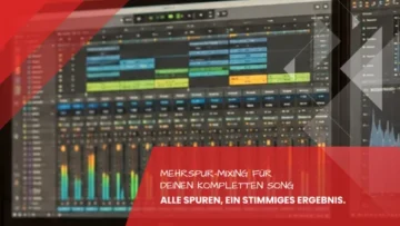 Blick auf Kanalzuege mit Fadern und Pegelanzeigen sowie Frequenzanalyse an zwei Bildschirmen, Online Mixing und Mastering im Tonstudio Leipzig