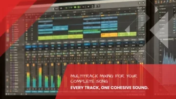 View of channel strips with faders and level meters plus frequency analysis on two screens, online mixing and mastering at the Leipzig recording studio