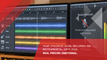 Two screens show the AI-separated individual tracks of a song, vocals muted, instrumental/karaoke version at the Leipzig recording studio