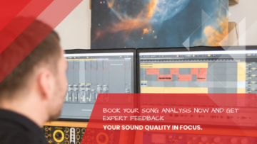 Music producer looking at a song waveform on two screens, professional song analysis and feedback on mix and mastering