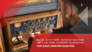 Toningenieur justiert Regler an einem analogen Hardware-Rack mit gelben Reglern, Audio-Restauration und Klangoptimierung
