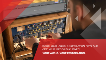 Sound engineer adjusting controls on an analog hardware rack with yellow knobs, audio restoration and sound optimization