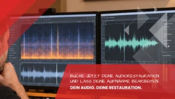 Konzentrierter Blick auf Spektrogramm und Wellenform bei der Rauschanalyse, Audio-Restauration im Tonstudio Leipzig