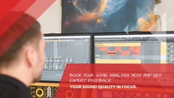 Music producer looking at a song waveform on two screens, professional song analysis and feedback on mix and mastering