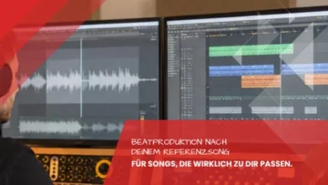 Konzentrierter Blick mit Kopfhoerern auf Wellenform und MIDI-Arrangement an zwei Bildschirmen, individuelle Beatproduktion nach Referenz im Tonstudio Leipzig
