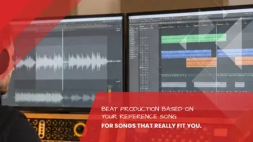 Focused look with headphones at waveform and MIDI arrangement on two screens, custom beat production from a reference track at the Leipzig recording studio