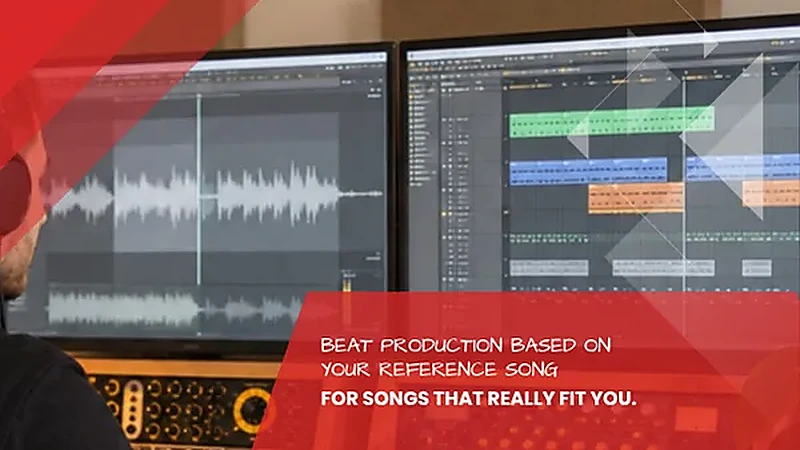 Focused look with headphones at waveform and MIDI arrangement on two screens, custom beat production from a reference track at the Leipzig recording studio