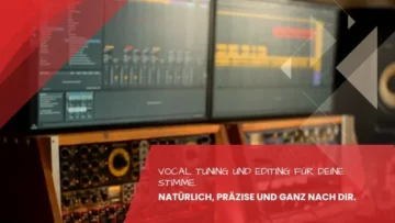 Zwei Bildschirme zeigen Vocal-Tuning-Software in der DAW vor einem Roehren-Rack im Tonstudio Leipzig