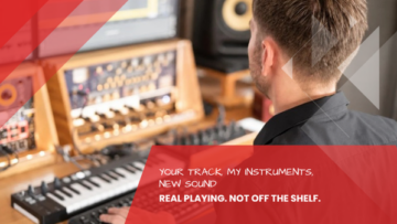 Musician seen from behind at a keyboard in front of a mixing desk and studio monitor, virtual instruments programmed for the song instead of purchased