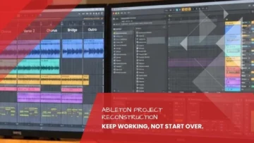 Two studio screens showing a reconstructed project with named tracks and markers for chorus, verse, bridge and outro, Ableton project reconstruction by Tonstudio Leipzig