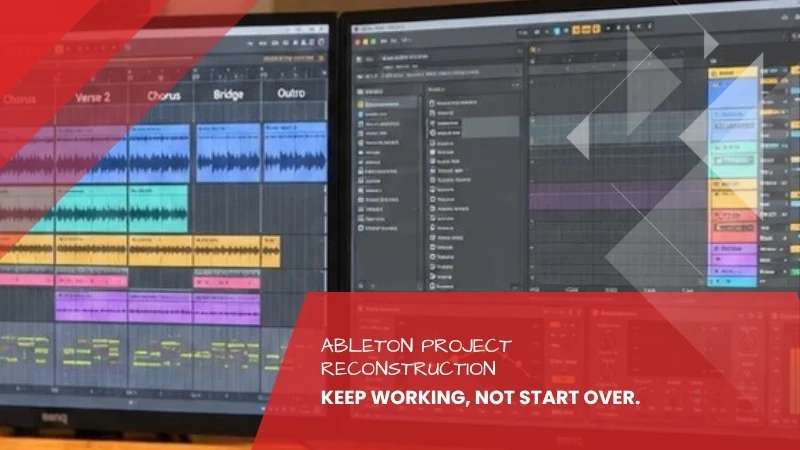 Two studio screens showing a reconstructed project with named tracks and markers for chorus, verse, bridge and outro, Ableton project reconstruction by Tonstudio Leipzig