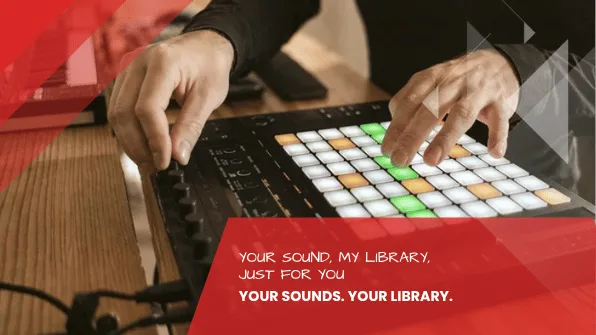Two hands playing an illuminated pad controller with green and orange pads, individual sound libraries and sample packs