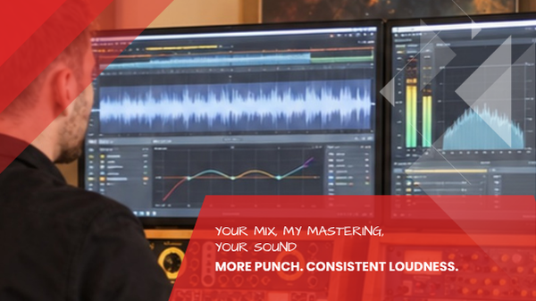 View of loudness and frequency analysis on two screens with analog outboard rack, DJ mix mastering at the Leipzig recording studio