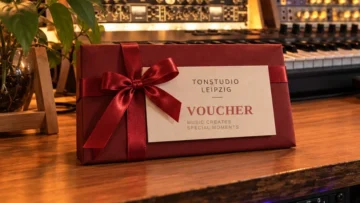 Tonstudio Leipzig voucher, wrapped as a gift box in the studio, label reads Voucher