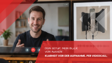 Fabian im Videocall mit Kunde, im Hintergrund ein zweiter Monitor mit Grossmembranmikrofon und Popschutz, Home-Recording-Setup-Beratung im Tonstudio Leipzig