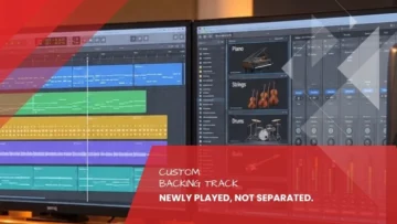 Two studio screens showing an arrangement and an instrument library with piano, strings, drums and bass, custom backing track at Tonstudio Leipzig