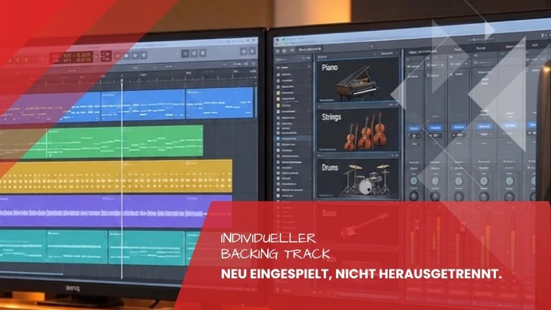 Zwei Studiobildschirme mit Arrangement und Instrumentenbibliothek, individueller Backing Track im Tonstudio Leipzig