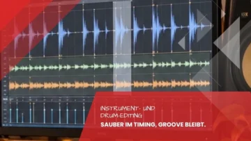 Bildschirm mit mehreren Spuren und einzeln sichtbaren Schlägen, eine Stelle zur Bearbeitung markiert, Instrument- und Drum-Editing im Tonstudio Leipzig