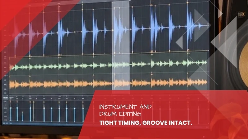 Screen showing several tracks with individual hits visible and one section marked for editing, instrument and drum editing at Tonstudio Leipzig