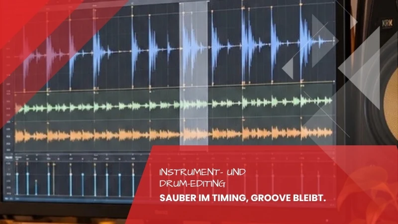 Bildschirm mit mehreren Spuren und einzeln sichtbaren Schlägen, eine Stelle zur Bearbeitung markiert, Instrument- und Drum-Editing im Tonstudio Leipzig