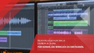 Zwei Studiobildschirme mit Wellenform, mehrspurigem Arrangement und Mixerpegeln, professioneller Nachbau eines KI Songs im Tonstudio Leipzig