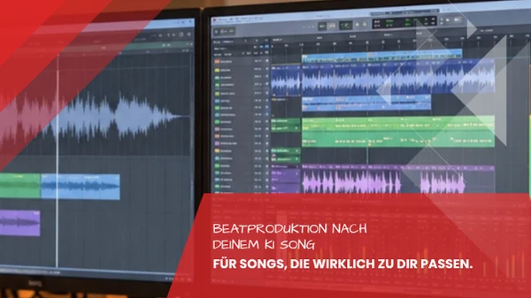 Zwei Studiobildschirme mit Wellenform, mehrspurigem Arrangement und Mixerpegeln, professioneller Nachbau eines KI Songs im Tonstudio Leipzig