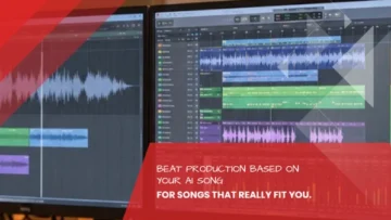 Two studio screens showing a waveform, a multitrack arrangement and mixer levels, professional rebuild of an AI song at Tonstudio Leipzig