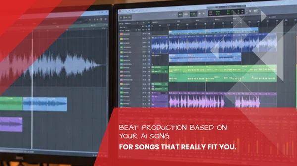 Two studio screens showing a waveform, a multitrack arrangement and mixer levels, professional rebuild of an AI song at Tonstudio Leipzig