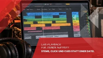 Laptop mit bühnenfertiger Session: getrennte Spuren, Click- und Cue-Spur mit Ansagen, Live-Playback vom Tonstudio Leipzig
