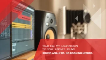 Two screens show a red and yellow waveform in the DAW during the reference track mix analysis, with a studio monitor speaker and microphone with pop filter in the background, Leipzig Tonstudio