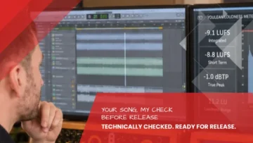 Focused look at a loudness meter and waveform on screen, technical check before release at the Leipzig recording studio