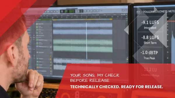 Focused look at a loudness meter and waveform on screen, technical check before release at the Leipzig recording studio