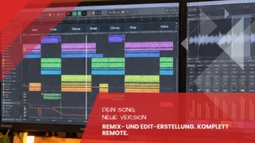 Remix- und Edit-Erstellung: DAW-Bildschirme mit farbigen Spuren und Wellenform im Tonstudio Leipzig