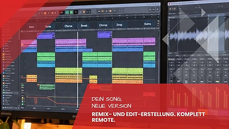 Remix- und Edit-Erstellung: DAW-Bildschirme mit farbigen Spuren und Wellenform im Tonstudio Leipzig