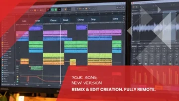 Remix and edit creation: DAW screens with colored tracks and waveform in a Leipzig recording studio