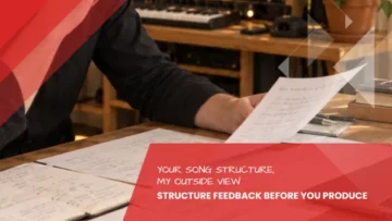 Hands leafing through handwritten song structure notes and a rhyme/structure plan on the desk, song doctoring at the Leipzig recording studio