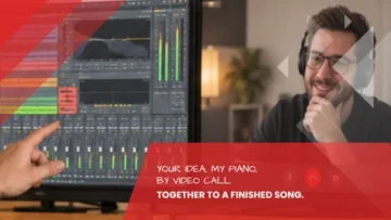 View of a MIDI arrangement with virtual piano, string and brass tracks on two screens, songwriting co-production at the Leipzig recording studio