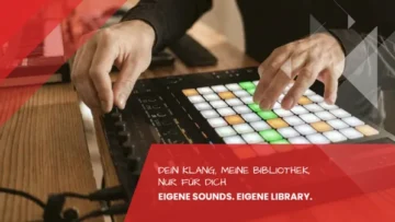 Zwei Haende spielen auf einem beleuchteten Pad-Controller mit gruenen und orangen Feldern, individuelle Sound-Libraries und Sample-Packs