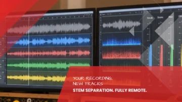 Audio stem separation software showing isolated track waveforms in a recording studio