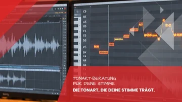 Zwei Studiobildschirme mit dem Tonhöhenverlauf einer Gesangsaufnahme, einzelne Töne als Blöcke auf der Notenskala sichtbar, Tonart-Beratung vom Tonstudio Leipzig