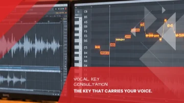 Two studio screens showing the pitch curve of a vocal take, individual notes visible as blocks on the note scale, vocal key consultation from Tonstudio Leipzig