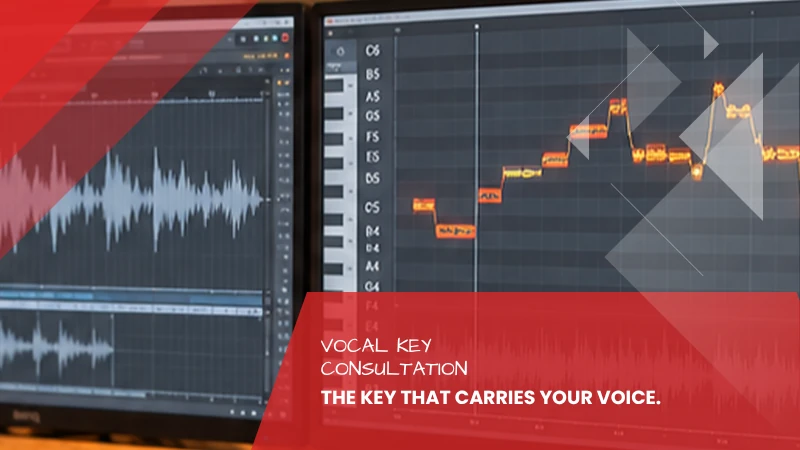 Two studio screens showing the pitch curve of a vocal take, individual notes visible as blocks on the note scale, vocal key consultation from Tonstudio Leipzig