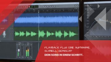 Wellenformen von Playback und Aufnahme mit Pegelanzeigen an zwei Bildschirmen, 2-Spur-Mixing und Mastering im Tonstudio Leipzig