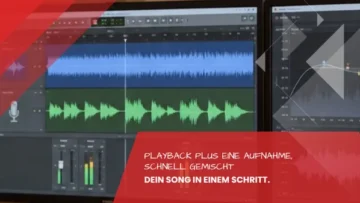 Wellenformen von Playback und Aufnahme mit Pegelanzeigen an zwei Bildschirmen, 2-Spur-Mixing und Mastering im Tonstudio Leipzig