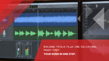 Waveforms of a backing track and recording with level meters on two screens, 2-track mixing and mastering at the Leipzig recording studio