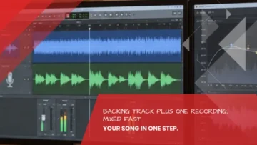 Waveforms of a backing track and recording with level meters on two screens, 2-track mixing and mastering at the Leipzig recording studio