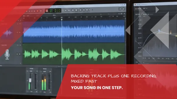 Waveforms of a backing track and recording with level meters on two screens, 2-track mixing and mastering at the Leipzig recording studio