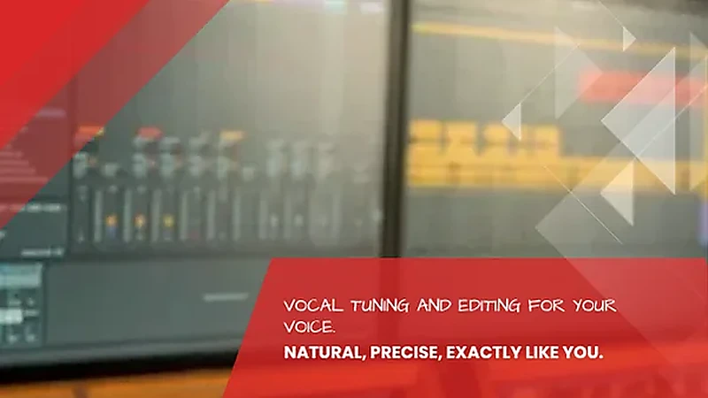 Two screens show vocal tuning software in the DAW in front of a tube rack unit at the Leipzig recording studio
